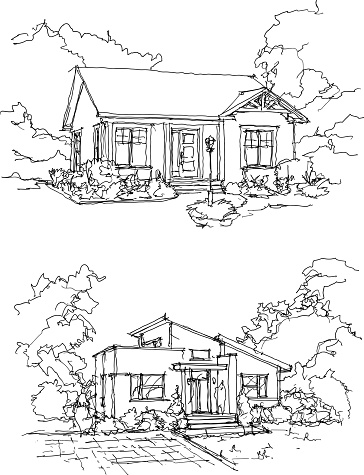 two hand drawn sketches of beautiful classic detached houses