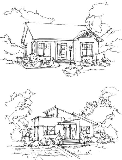 two hand drawn sketches of beautiful classic detached houses two hand drawn architectural sketches of beautiful classic detached village house with garden and trees and roof house outside drawings stock illustrations