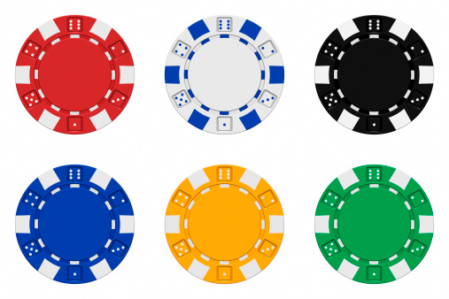 Realistic 3d rendered collection of coloured casino chips isolated on white background