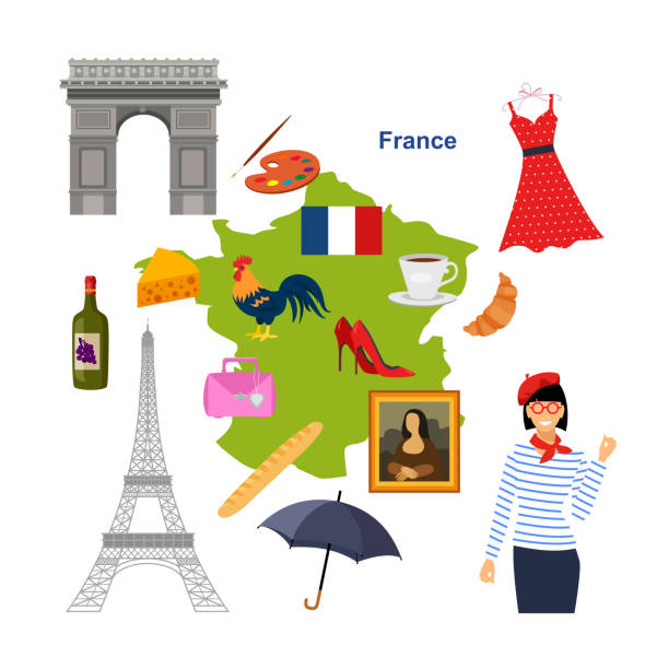 ilustraciones, imágenes clip art, dibujos animados e iconos de stock de símbolos de francia. conjunto de elementos. - eiffel tower