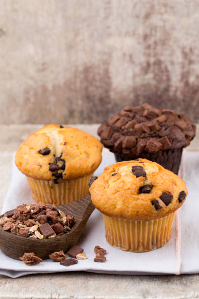 istock Homemade muffins with chocolate, vintage background. 1401599057