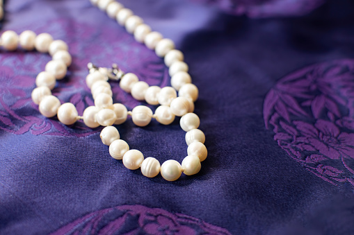 Close-up of luxury pearl necklace and bracelet on a purple background. Fashion decoration. Selective focus.