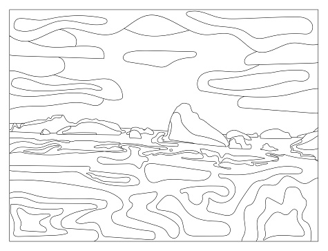 Bay landscape with hills and islands, graphic black and white sketch, coloring. Vector illustration