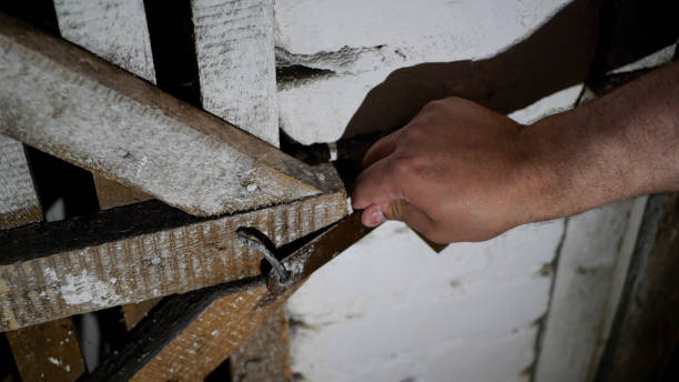 uomo che tira una serratura controllando se è sicura - basement spooky cellar door foto e immagini stock