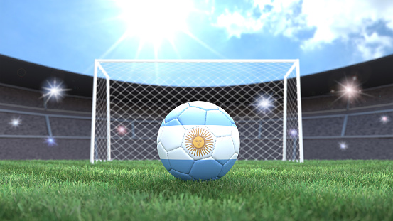 Soccer ball in flag colors on a bright sunny stadium background. Argentina. 3D image