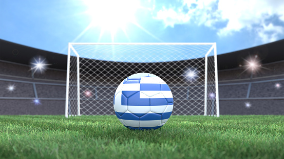 Soccer ball in flag colors on a bright sunny stadium background. Greece. 3D image