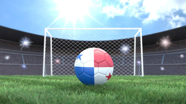 balón de fútbol en colores de bandera sobre un fondo de estadio soleado y brillante. panamá. - bola 3d de bandera de panamá fotografías e imágenes de stock