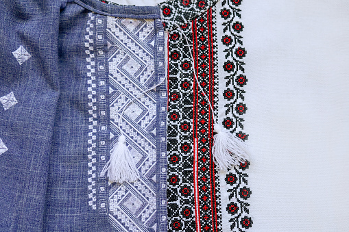 Ukrainian traditional shirts embroidery clothing vishivanka. Copy space.