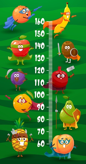 Kids height chart, cartoon superhero and defenders fruit characters growth measure ruler. Vector scale with orange, banana, apple and kiwi, garnet, plum, pear and mandarin, peach, pineapple personages