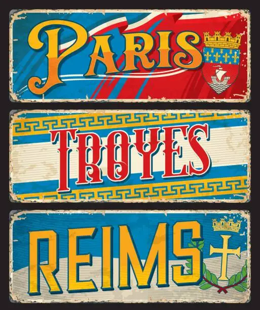 Vector illustration of Paris, Troyes, Reims french city travel stickers