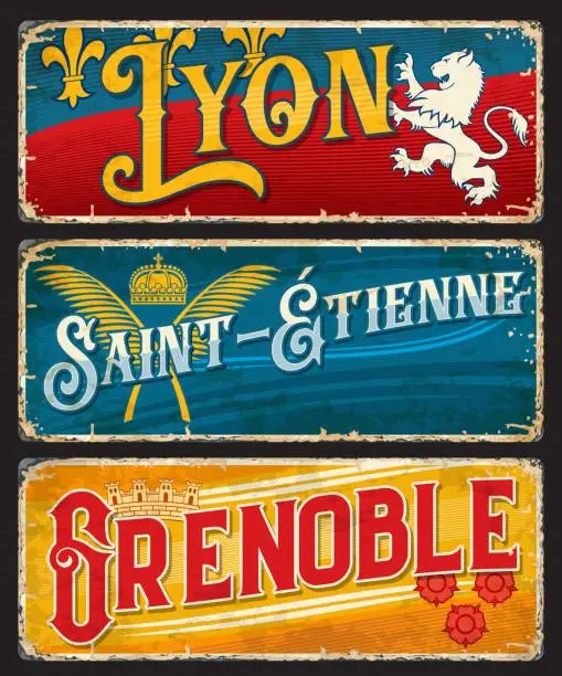 Vector illustration of Lyon, Grenoble, Saint-Etienne french city plate