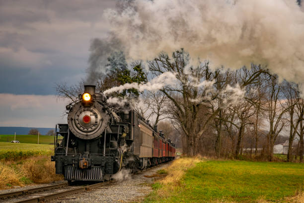 istock View of an Antique Freight Steam Train Blowing Smoke Approaching Thru Trees 1401605218