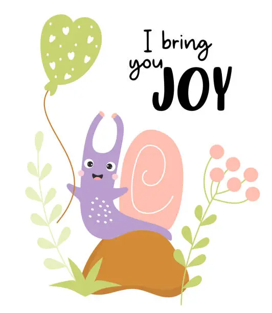 Vector illustration of I bring you joy. Funny card with cute happy snail on stone among grass and plants with balloon. Vector illustration. .Card with snail character for cool greeting cards, covers, design and decoration