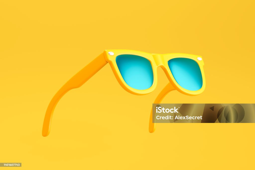 Yellow sunglasses on yellow background Summer concept. 3d illustration Sunglasses Stock Photo