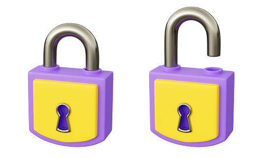 Closed and open padlock 3d render illustration. Purple and yellow lock with keyhole for private data safety and protection concept. Personal safety on Internet and networking.