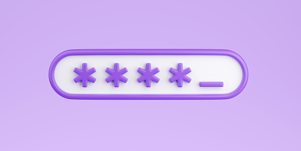Locked password field 3d render - input box with asterisks for passcode or pin isolated on purple background. Concept of login or user registration. Entering otp or two steps authorization code.