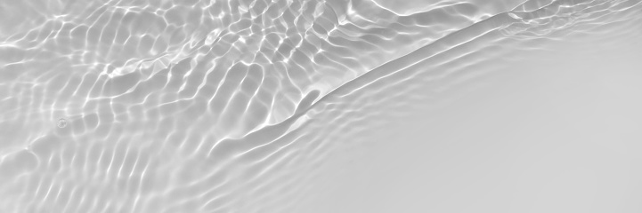 Water texture with wave sun reflections on the water overlay effect for photo or mockup. Organic light gray drop shadow caustic effect with wave refraction of light. Long Banner with copy space