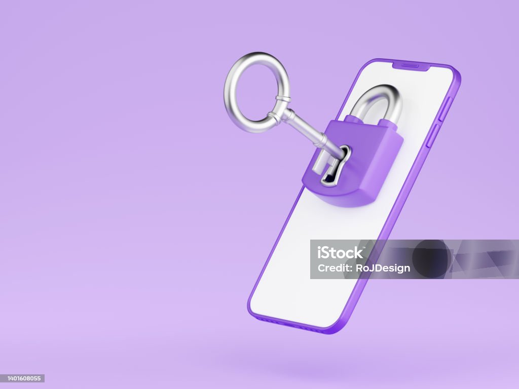 Personal data security 3d render - closed lock with metal key inserted in keyhole on mobile phone screen. Personal data security 3d render - closed lock with metal key inserted in keyhole on mobile phone screen. Concept of protecting users personal data stored on portable device. Mobile Phone Stock Photo