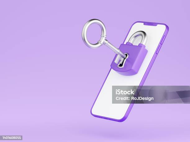 Personal Data Security 3d Render Closed Lock With Metal Key Inserted In Keyhole On Mobile Phone Screen Stock Photo - Download Image Now