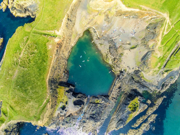 Blue Lagoon - Pembrokeshire, Wales Drone shot of the Blue Lagoon in West Wales wales photos stock pictures, royalty-free photos & images