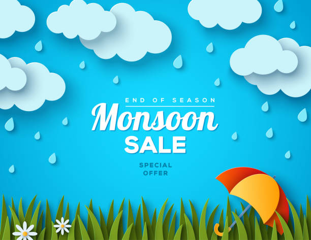 Monsoon sale paper clouds grass Monsoon sale offer banner template, paper cut clouds, green lawn, colorful umbrella on blue background. Vector illustration. Place for text. Overcast sky, rainy day. Vector illustration. monsoon stock illustrations