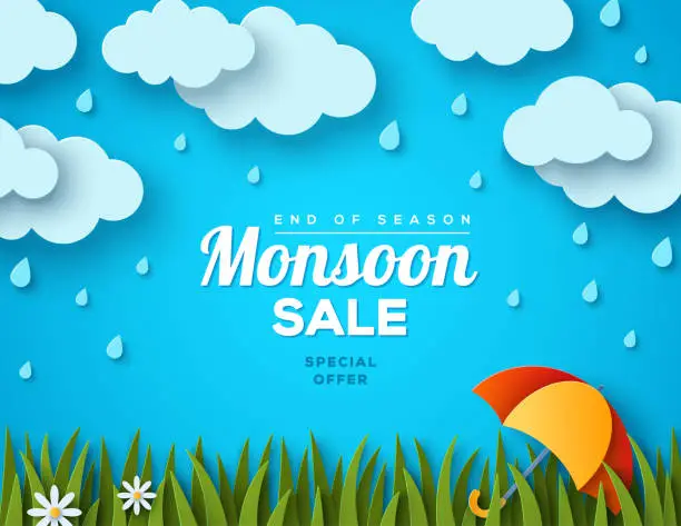 Vector illustration of Monsoon sale paper clouds grass