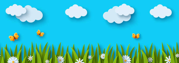 ilustraciones, imágenes clip art, dibujos animados e iconos de stock de borde de nubes de hierba sin costuras - butterfly backgrounds seamless pattern