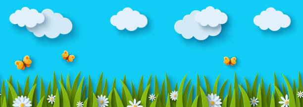 ilustrações de stock, clip art, desenhos animados e ícones de seamless grass clouds border - butterfly backgrounds seamless pattern