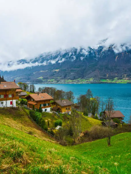 Traditional Swiss houses on hillsside on Lake Brienz in Iseltwald Switzerland