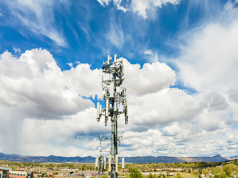 Drone POV of Rural America Telecommunications 5G Communications Tower in Western USA Photo  Series with Matching Video Available