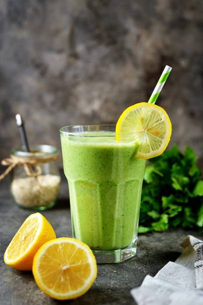 Healthy smoothie with cucumber, parsley stock photo