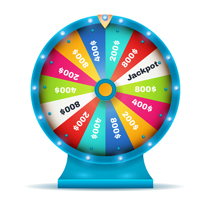 Fortune wheel spin. Multicolored circle divided into slots with money. Prize draw on website, online games and gambling. Poster or banner for lottery on internet. Carton flat vector illustration