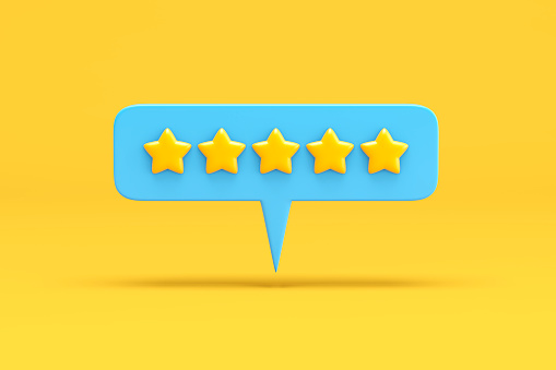 Speech bubble with five stars on yellow background