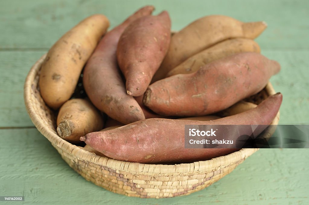 Woven basket on wood table filled with yams & sweet potatoes Basket of red yams and sweet potatoes on green table Sweet Potato Stock Photo