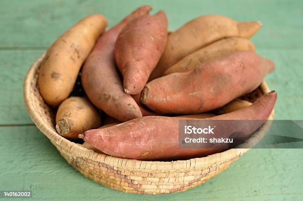 Woven Basket On Wood Table Filled With Yams Sweet Potatoes Stock Photo - Download Image Now