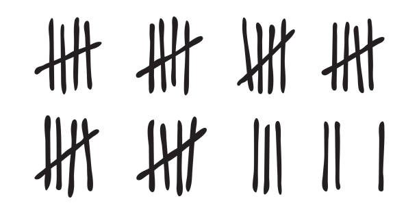 ilustrações de stock, clip art, desenhos animados e ícones de tally mark on prison wall, count day vector icon, slash line and sticks hand drawn sorted by four and crossed out. simple illustration isolated - strike