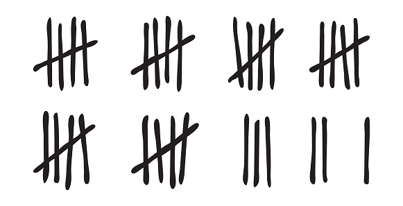 Tally mark on prison wall, count day vector icon, slash line and sticks hand drawn sorted by four and crossed out. Simple illustration isolated on white background