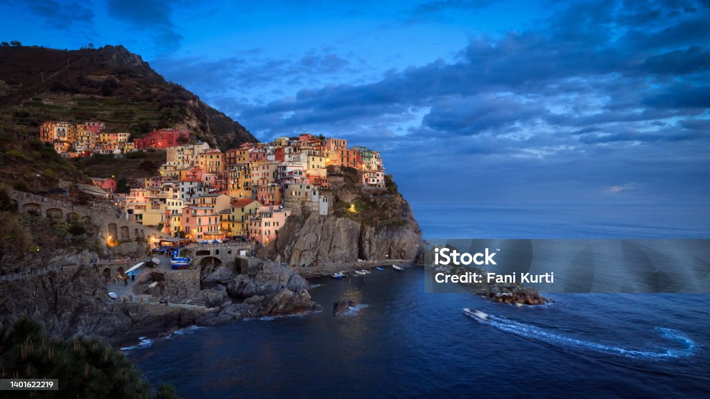 Manarola panoramic view at twilight, cinque terre, Fine Art Manarola at night, cinque terre Italy Stock Photo