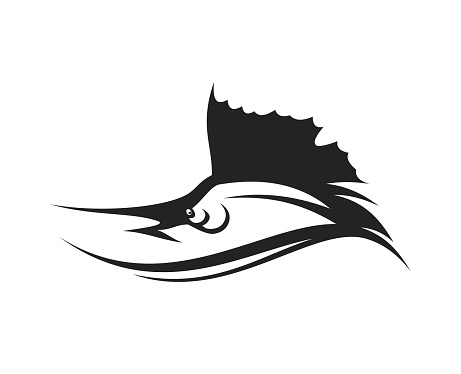 Stylized silhouette of a sword fish peeking out from the sea waves