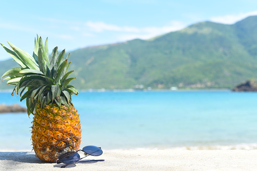 Ripe pineapple with sunglasses on sandy beach background