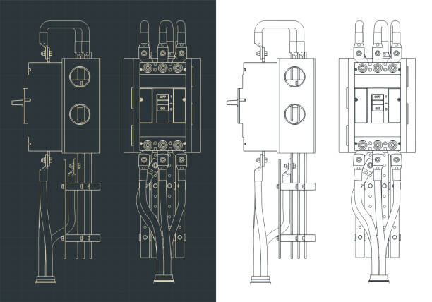 Power circuit breaker blueprints Stylized vector illustration of blueprints of power circuit breaker electrical fuse drawing stock illustrations