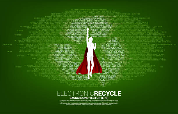 силуэт человека в костюме супергероя летит со значком recycle из двоичного кода. фон для заботы и сохранения окружающей среды. - recycling green environment superhero stock illustrations