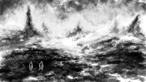 istock Two people walking on scorched earth. Dead lands with ruins. Spooky illustration. Horror fantasy genre. 1401628918