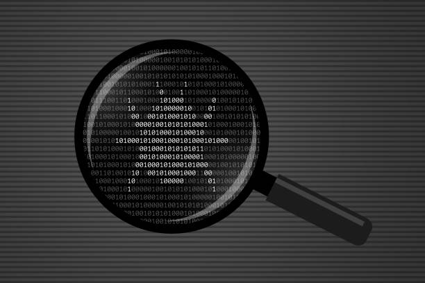 Magnifying glass and bug silhouette made from binary code Magnifying glass and bug silhouette made from white 0 and 1 digits over binary code. Concept of software bug searching, detecting of error or fault in computer program, debugging and troubleshooting debug stock illustrations