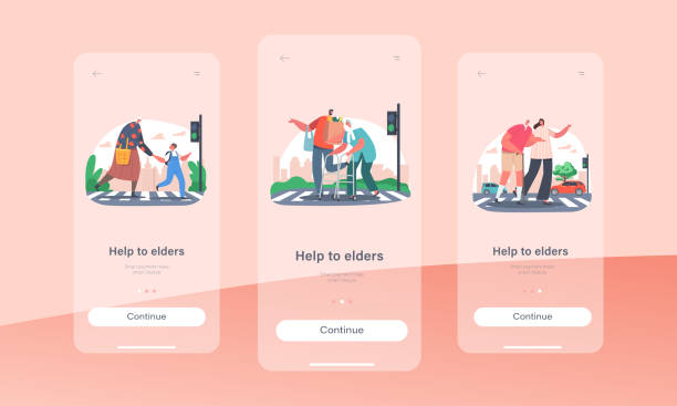 長老のモバイルアプリページオンボード画面テンプレートへのヘルプ。キャラクターは通りの高齢者のために道路を横断するのに役立ちます - pedestrian senior adult street crossing点のイラスト素材／クリップアート素材／マンガ素材／アイコン素材