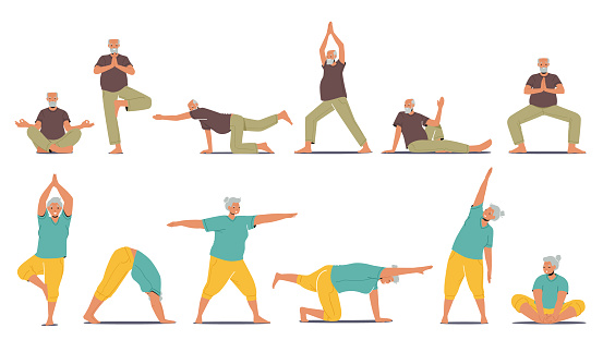 Set of Senior Male and Female Characters Practicing Yoga and Meditation. Elderly People Active Healthy Lifestyle, Sports Activities, Happy and Healthy Retirement Concept. Cartoon Vector Illustration