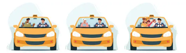 Vector illustration of Set of Characters Use Taxi Service. Customers or Clients and Driver in Cab View Through Windshield. Family with Children