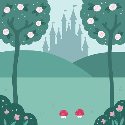 Hand drawn roses. Background for fairy tale. Cartoon flat style vector illustration.