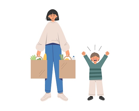 Difficulties of motherhood. Young mom is tired of routine and babysitting. 
The child has a growth spurt and threw a tantrum in the store. Unhappy and depressed parent. Vector flat illustration isolated on white background.