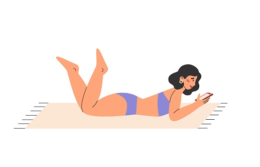 Pretty girl lying on a beach towel with phone. Beautiful Girl enjoying summer vacation and relaxing on the beach. Woman uses the app and writes a message to the chat. Vector flat illustration.